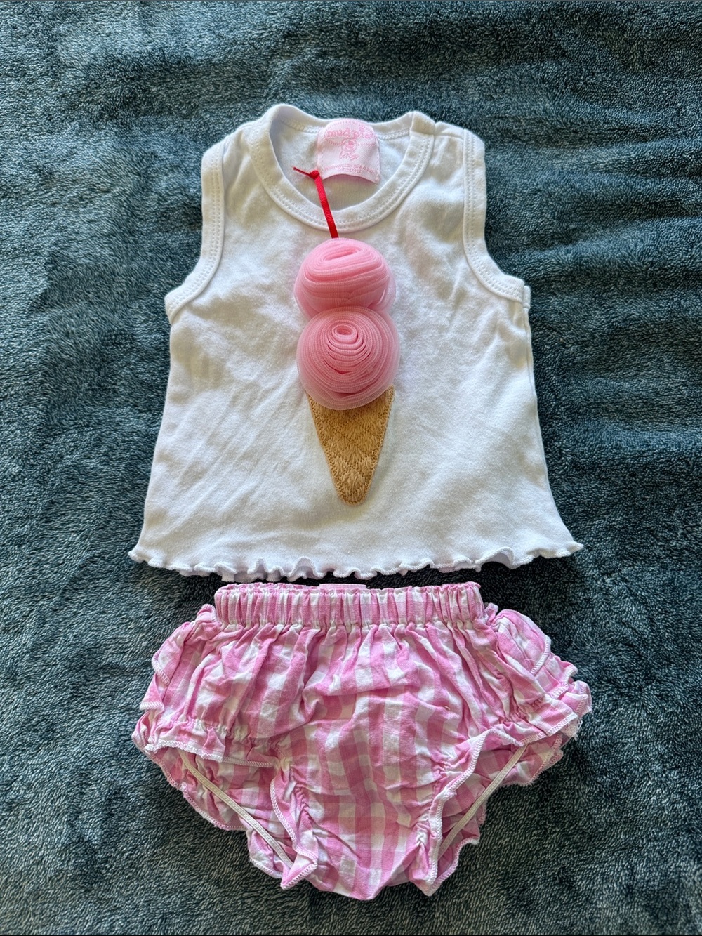 Mud Pie White Tank with Pink Ice Cream Applique & Pink Gingham Ruffle Bloomers